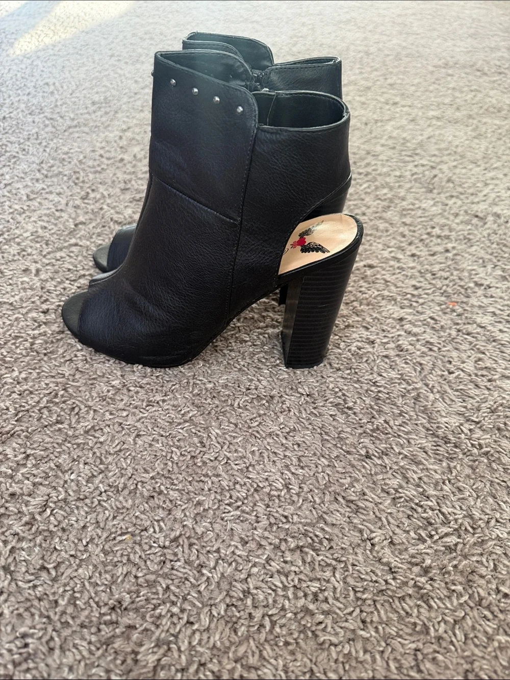 Black Open-Toe Block Heel Ankle Booties with Stud Detail